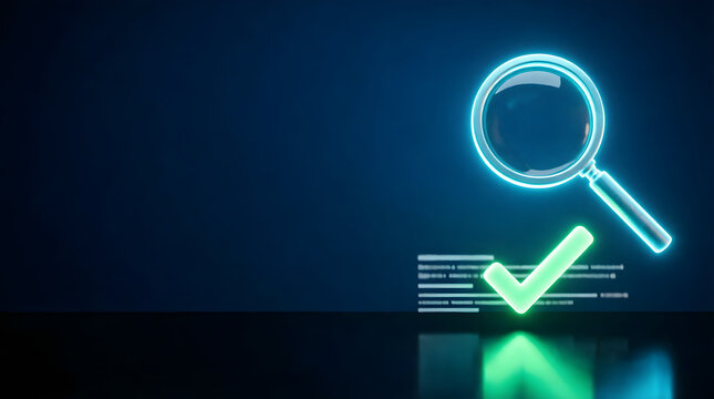 Digital fact checking symbol with illuminated magnifying glass and verification mark