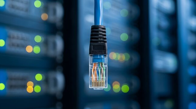 Blue Ethernet network cable connector hanging in foreground of blurred data center server room