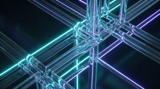 Abstract geometric grid structure made of clear glass tubes with neon blue and purple lights