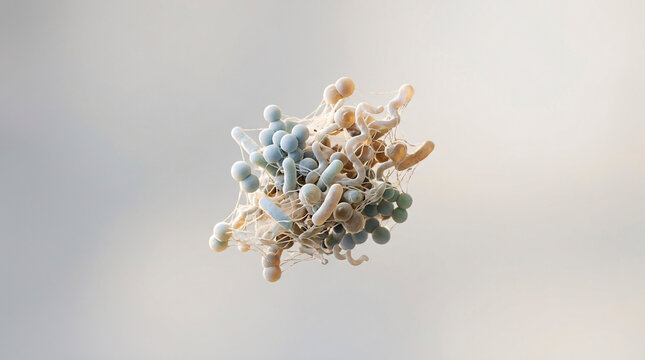 A swirling abstract cluster of organic-like shapes in muted pastel tones, suggestive of a microscopic organism or cellular structure, floats against a soft, diffused background.