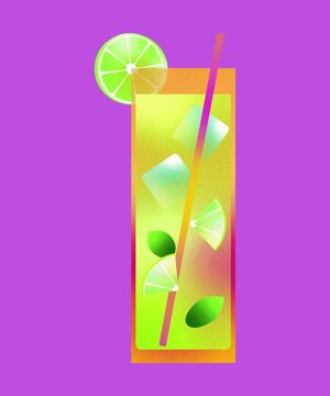 Tall cocktail or mojito glass with ice cubes, lime, mint, and straw