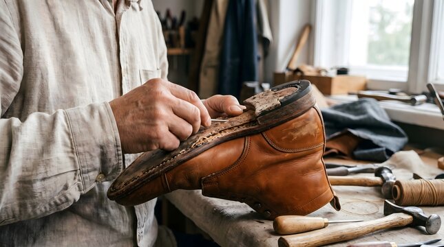 Artisan carefully handcrafting a beautiful leather handbag in a bright workshop setting