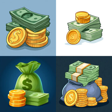  Golden dollar coins and paper currency banknotes set