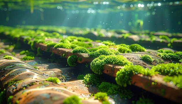 Close up of lush green moss growing on wet stones.