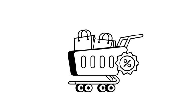 Animated line art icon of a shopping cart filled with bags and a discount badge for retail sales and online deals.