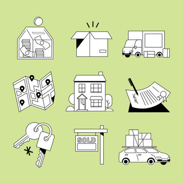 Real Eastate Finance Vector Spot Illustration Set House Keys Car Moving Map