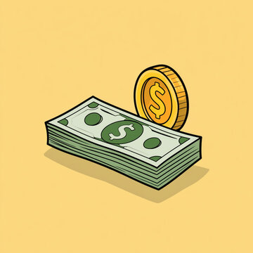 Green cash money stack and golden dollar coins icon