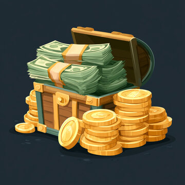 Green cash money stack and golden dollar coins icon