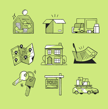 Real Eastate Finance Pencil Texture Line Art Spot Illustration Set House Keys Car Moving Map on Green