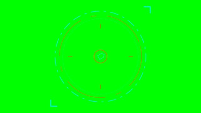 Digital circular targeting reticle with red and cyan lines on green screen