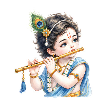 Happy Janmashtami greeting design featuring young Krishna playing bansuri
