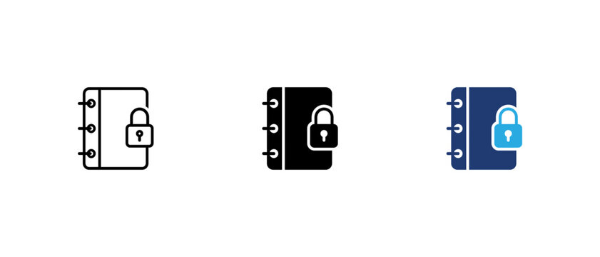 Locked notebook icon set, secure diary pad lock confidential document linear solid and colored vector illustration