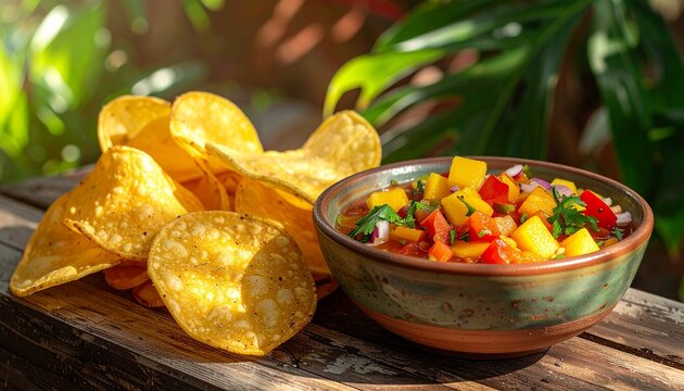 Crispy tortilla chips with fresh mango salsa on rustic wood.