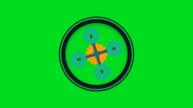 A stylized mechanical gear illustration set inside a dark circular frame