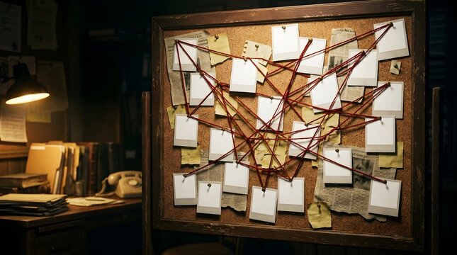 Detective investigation board with red string connecting blank photos and notes on corkboard