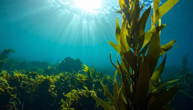 Underwater Kelp Forest with Sunlight Rays in Ocean Depths.