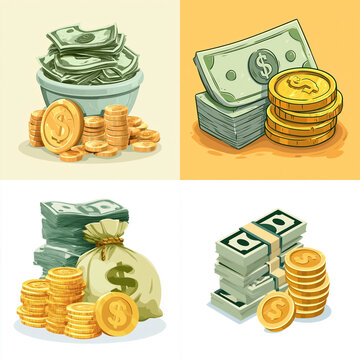  Golden dollar coins and paper currency banknotes set