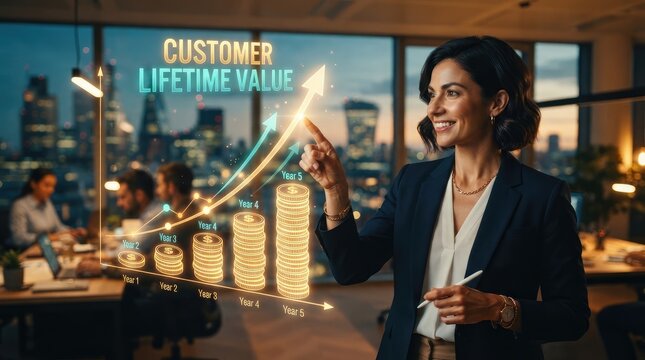 Professional presenting rising customer lifetime value growth chart in modern office with confident professional gesturing toward glowing stacked coin illustrations