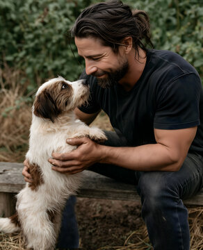 A dog and a man are gazing intently into each other's eyes. The scene takes place in a park.