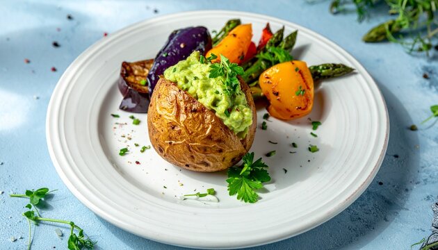 Roasted Jacket Potato with Colorful Vegetables and Guacamole.