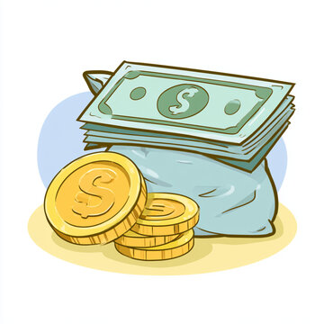 Green cash money stack and golden dollar coins icon