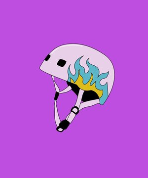 Pink sports helmet with blue and yellow flame design