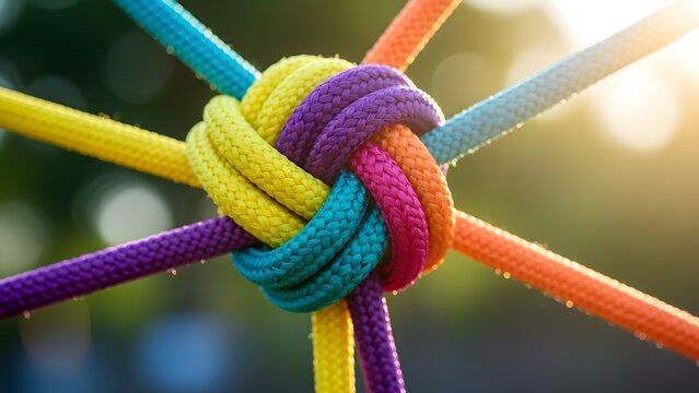 Colorful ropes tied together in a tight knot symbolizing unity