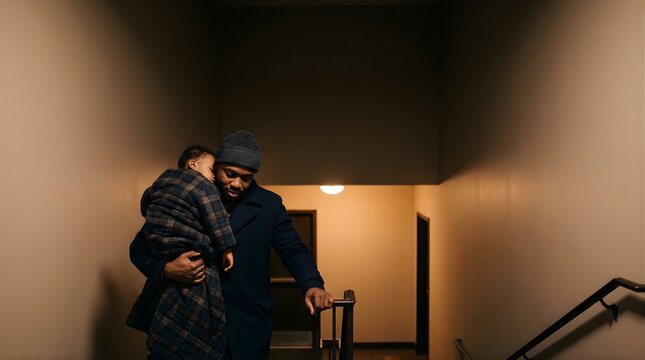 African American father carrying his sleeping toddler son up indoor stairs