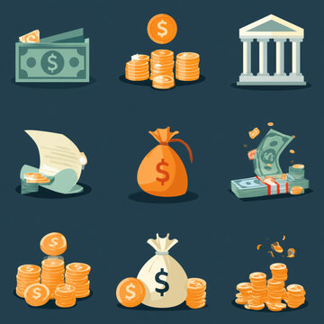  Golden dollar coins and paper currency banknotes set