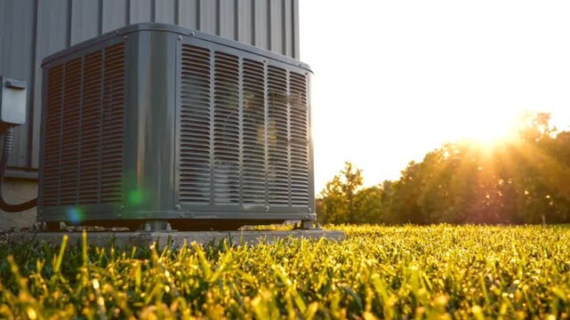 Air conditioner unit operates outside building on sunny day, grass and trees in background, natural sunlight creates warm atmosphere.