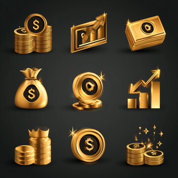  Golden dollar coins and paper currency banknotes set
