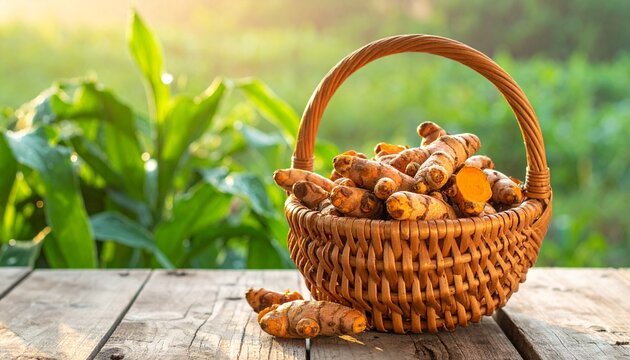 Fresh Turmeric Roots in Wicker Basket on Wooden Table.
