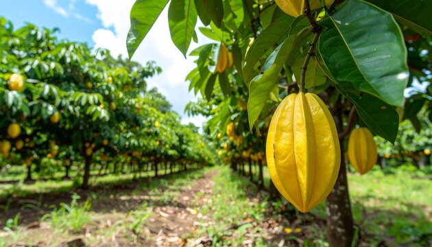 Ripe cashew apples hanging on a tree in a lush orchard.