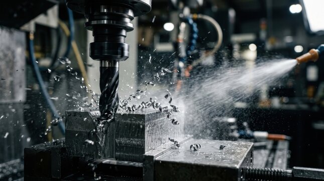 CNC milling machine cutting metal part with coolant spray in factory