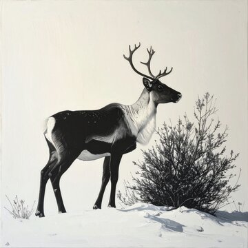Majestic Reindeer Standing in Snowy Winter Landscape.