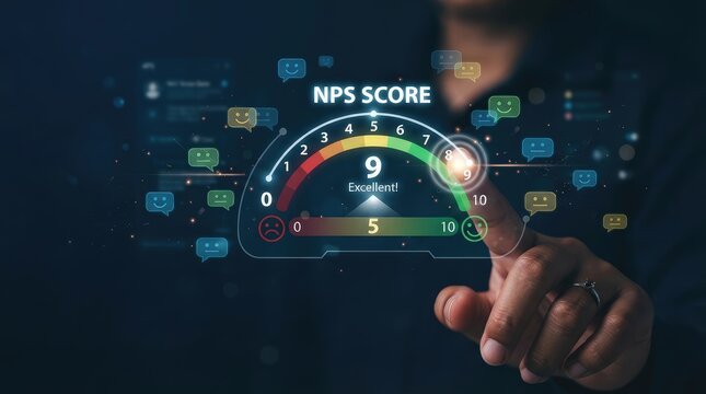 Finger interacting with digital net promoter score gauge with touching glowing digital score floating feedback feedback icons around gauge measuring high