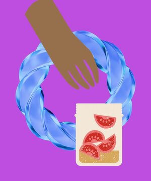 Hand placing tomato slices into a jar with a glossy blue ring 
