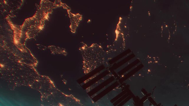 The image shows the International Space Station in orbit above Earth. Cities are visible with lights at night. The coastline and landforms are partially illuminated.