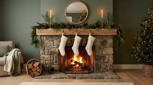 Cozy christmas fireplace scene with three white stockings hanging above a warm glowing fire and festive decorations