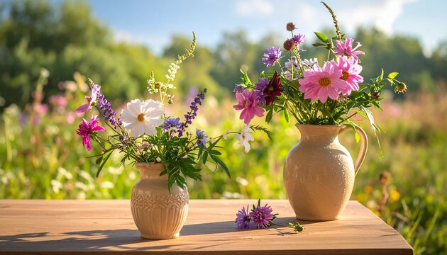 Two Clay Vases with Wildflowers on Wooden Table Outdoors.