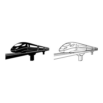 bullet train on monorail track line art with silhouette vector design
