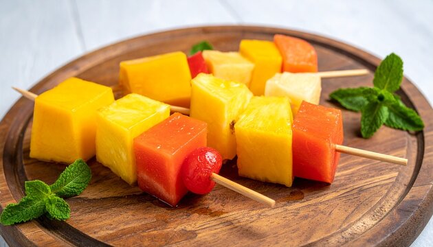 Colorful fruit skewers on wooden board with fresh mint.