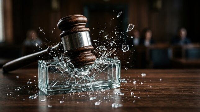 A wooden gavel striking and shattering a glass block on a wooden surface in a courtroom