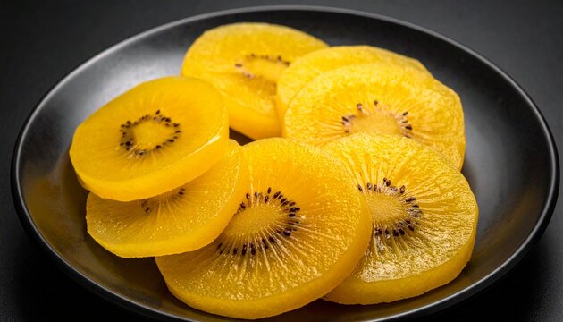 Sliced Kiwi Fruit Arranged on Black Plate.