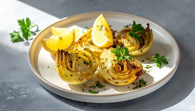 Roasted Artichokes with Lemon and Parsley on White Plate.