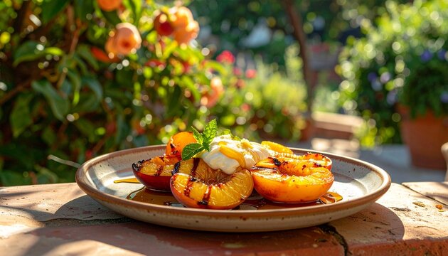 Grilled Peaches with Cream on Rustic Table Outdoors.