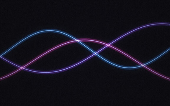 Intersecting neon light waves in blue and purple colors creating a complex sine wave pattern on a dark textured black background