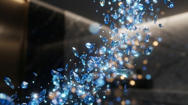 Abstract blue crystal fragments falling in glowing light effect