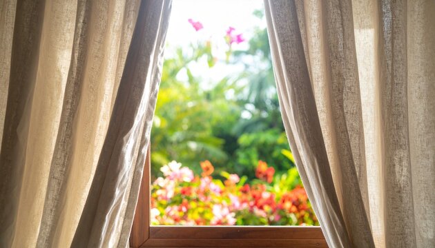 Sunlit Window View of Blooming Garden Through Curtains.
