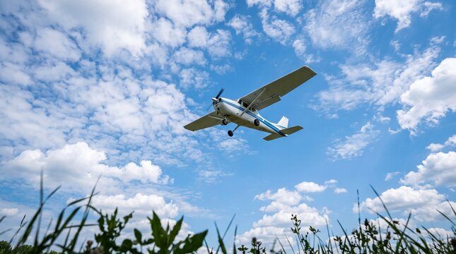 Small Single Engine Propeller Airplane Flying Low Over Grassy Field Under Bright Blue Summer Sky With Fluffy White Clouds